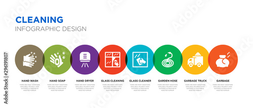 8 colorful cleaning vector icons set such as garbage, garbage truck, garden hose, glass cleaner, glass cleaning, hand dryer, hand soap, hand wash