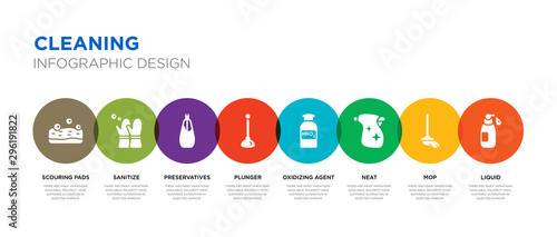 8 colorful cleaning vector icons set such as liquid, mop, neat, oxidizing agent, plunger, preservatives, sanitize, scouring pads