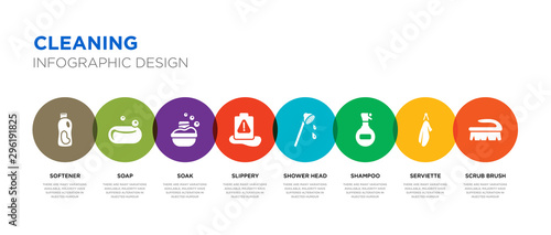 8 colorful cleaning vector icons set such as scrub brush, serviette, shampoo, shower head, slippery, soak, soap, softener
