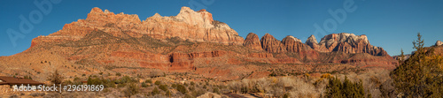 Panorama View of The Sentinel and Court of The Patriarchs, Zion National Park, Utah, USA.