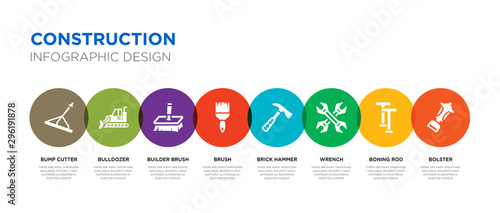 8 colorful construction vector icons set such as bolster, boning rod, wrench, brick hammer, brush, builder brush, bulldozer, bump cutter