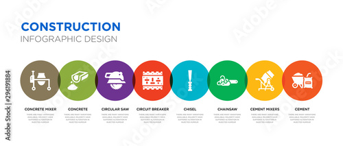 8 colorful construction vector icons set such as cement, cement mixers, chainsaw, chisel, circuit breaker, circular saw, concrete, concrete mixer