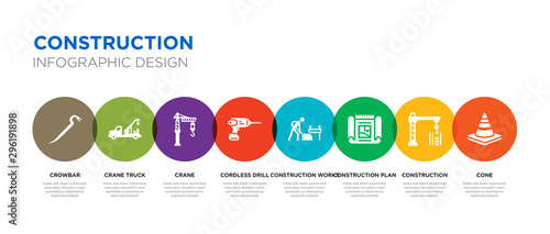 8 colorful construction vector icons set such as cone, construction, construction plan, works, cordless drill, crane, crane truck, crowbar