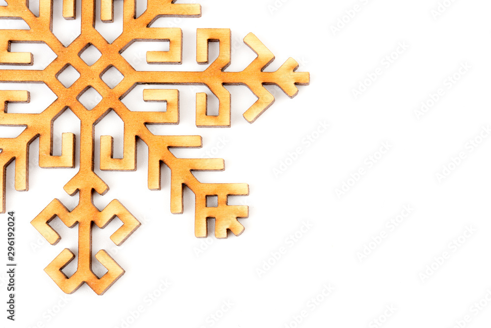 Natural, real, wooden snowflake - Christmas tree decoration. Great design for the New year greeting card and holiday concept. Close-up. Isolated on white background. Place for text. Copy space. Natural, real, wooden snowflake - Christmas tree decoration. Great design for the New year greeting card and holiday concept. Close-up. Isolated on white background. Place for text. Copy space.