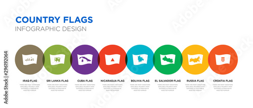 8 colorful country flags vector icons set such as croatia flag, russia flag, el salvador flag, bolivia nicaragua cuba sri lanka iraq