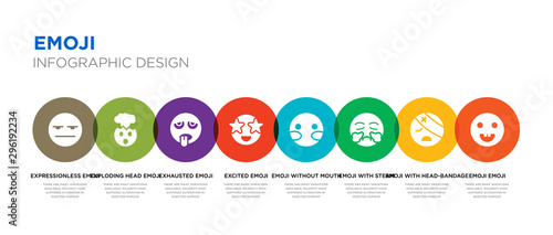 8 colorful emoji vector icons set such as emoji emoji, with head-bandage with steam from nose, without mouth, excited exhausted exploding head expressionless