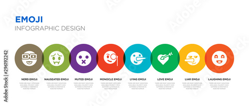 8 colorful emoji vector icons set such as laughing emoji, liar emoji, love lying monocle muted nauseated nerd