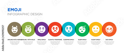 8 colorful emoji vector icons set such as sick emoji, silent emoji, sleep sleeping slightly frowning smile smiling  with halo smiling with horns