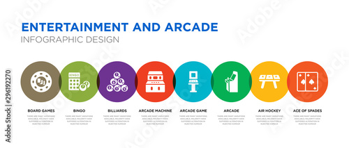 8 colorful entertainment and arcade vector icons set such as ace of spades, air hockey, arcade, arcade game, machine, billiards, bingo, board games