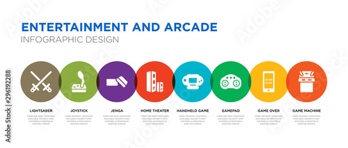 8 colorful entertainment and arcade vector icons set such as game machine, game over, gamepad, handheld game, home theater, jenga, joystick, lightsaber