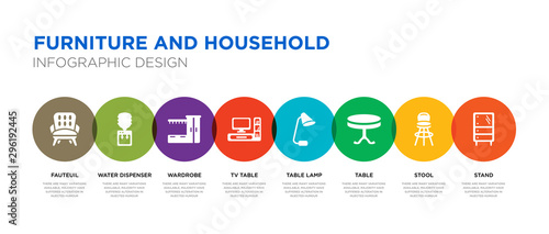 8 colorful furniture and household vector icons set such as stand, stool, table, table lamp, tv table, wardrobe, water dispenser, fauteuil