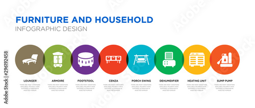 8 colorful furniture and household vector icons set such as sump pump, heating unit, dehumidifier, porch swing, cenza, footstool, armoire, lounger