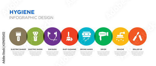 8 colorful hygiene vector icons set such as dolled up, douche, dryer, drying hands, dust cleaning, ear buds, electric razor, electric shaver