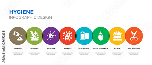 8 colorful hygiene vector icons set such as nail scissors, napkin, nasal aspirator, paper towel, parasite, pathogen, pedicure, powder