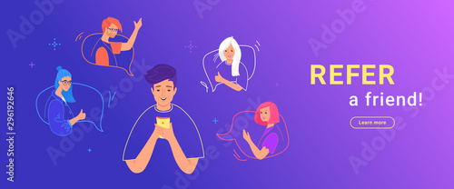 Refer a friend gradient vector illustration of man using smartphone to invite his friends