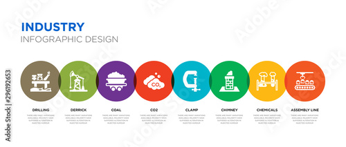 8 colorful industry vector icons set such as assembly line, chemicals, chimney, clamp, co2, coal, derrick, drilling