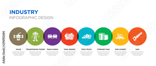 8 colorful industry vector icons set such as saw, skid loader, storage tank, tank truck, tank wagon, train cargo, transmission tower, valve