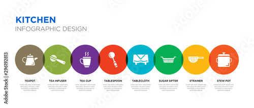 8 colorful kitchen vector icons set such as stew pot, strainer, sugar sifter, tablecloth, tablespoon, tea cup, tea infuser, teapot