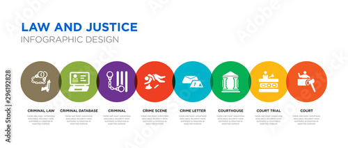 8 colorful law and justice vector icons set such as court, court trial, courthouse, crime letter, crime scene, criminal, criminal database, criminal law