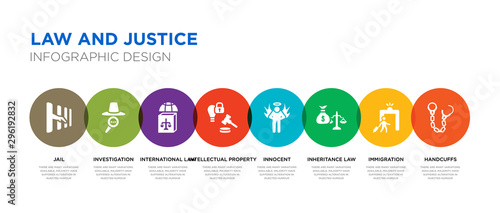 8 colorful law and justice vector icons set such as handcuffs, immigration, inheritance law, innocent, intellectual property, international law, investigation, jail
