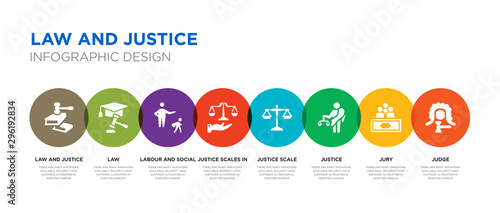 8 colorful law and justice vector icons set such as judge, jury, justice, justice scale, scales in hand, labour and social law, law, and