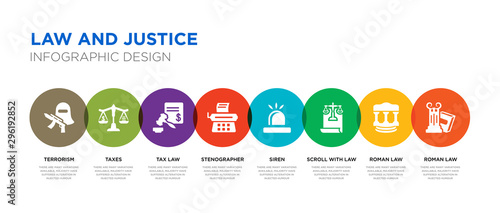 8 colorful law and justice vector icons set such as roman law, roman law, scroll with siren, stenographer, tax taxes, terrorism