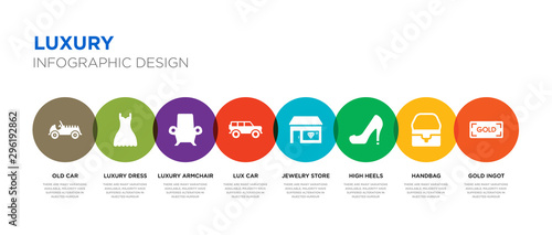 8 colorful luxury vector icons set such as gold ingot, handbag, high heels, jewelry store, lux car, luxury armchair, luxury dress, old car