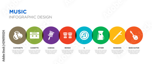 8 colorful music vector icons set such as bass guitar, bassoon, zither, s, bongo, cabasa, cassette, castanets