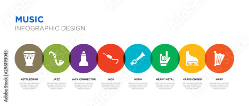 8 colorful music vector icons set such as harp, harpsichord, heavy metal, horn, jack, jack connector, jazz, kettledrum