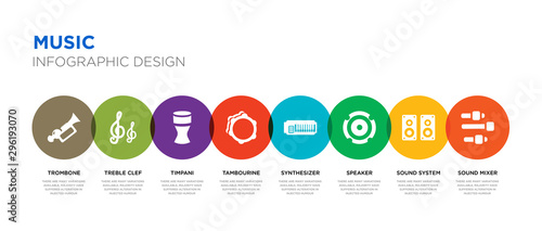 8 colorful music vector icons set such as sound mixer, sound system, speaker, synthesizer, tambourine, timpani, treble clef, trombone
