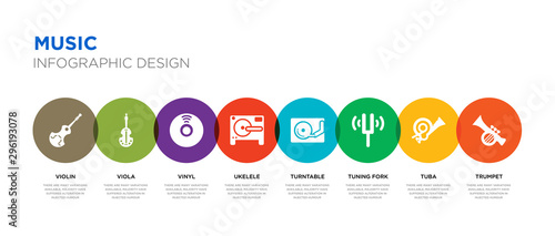 8 colorful music vector icons set such as trumpet, tuba, tuning fork, turntable, ukelele, vinyl, viola, violin