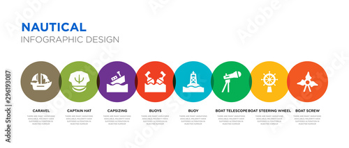8 colorful nautical vector icons set such as boat screw, boat steering wheel, boat telescope, buoy, buoys, capsizing, captain hat, caravel