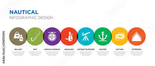 8 colorful nautical vector icons set such as afterdeck, air tank, anchor, antique telescope, aqualung, azimuth compass, bait, ballast