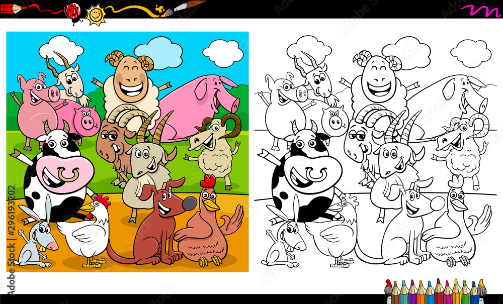 happy farm animal characters group coloring book