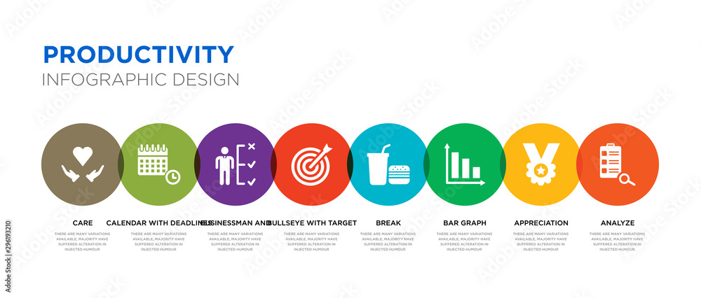 8 colorful productivity vector icons set such as analyze, appreciation ...