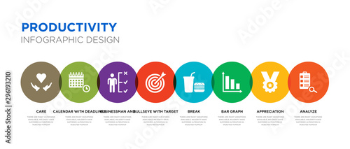 8 colorful productivity vector icons set such as analyze, appreciation, bar graph, break, bullseye with target, businessman and tactics, calendar with deadlines, care