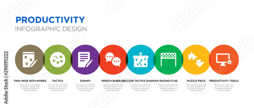 8 colorful productivity vector icons set such as productivity tools, puzzle piece, racing flag, soccer tactics diagram, speech bubbles, survey, tactics, task page with marks