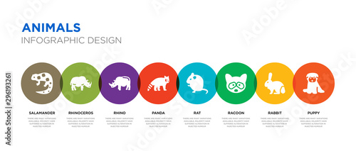 8 colorful animals vector icons set such as puppy, rabbit, racoon, rat, panda, rhino, rhinoceros, salamander