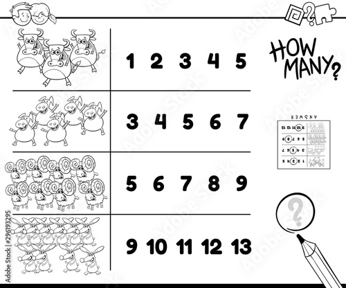 counting task with farm animals cartoon color book