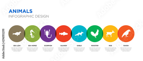 8 colorful animals vector icons set such as raven, roe, rooster, sable, salmon, scorpion, sea horse, sea lion