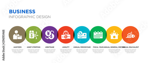 8 colorful business vector icons set such as annual equivalent rate (aer), annual general meeting (agm), fiscal year, annual percentage rate (apr), annuity, arbitrage, asset stripping, auditors