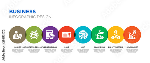 8 colorful business vector icons set such as bear market, bid-offer spread, black swan, chip, bond, bridging loan, british retail consortium, broker