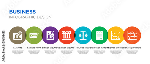 8 colorful business vector icons set such as average (arithmetic mean), average earnings growth, balance of payments, balance sheet, bank of england, bank of england's inflation report, banker's