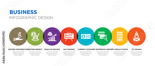 8 colorful business vector icons set such as cit crunch, cit default swaps, cit reference agency, current account, day trading, dead cat bounce, defined benefit pension, defined contribution pension