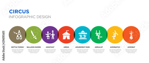 8 colorful circus vector icons set such as acrobat, acrobatics, aerialist, amusement park, arena, assistant, balloon sword, bottle throw