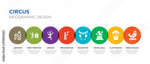 8 colorful circus vector icons set such as circus walrus, claw machine, crystal ball, decoration, fire eater man, juggler, knife throwing, labyrinth