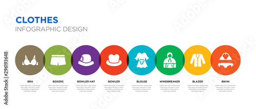 8 colorful clothes vector icons set such as bikini, blazer, windbreaker, blouse, bowler, bowler hat, boxers, bra
