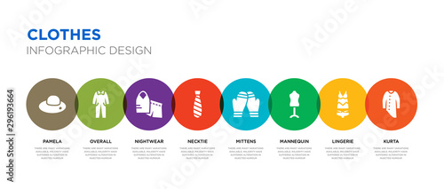 8 colorful clothes vector icons set such as kurta, lingerie, mannequin, mittens, necktie, nightwear, overall, pamela