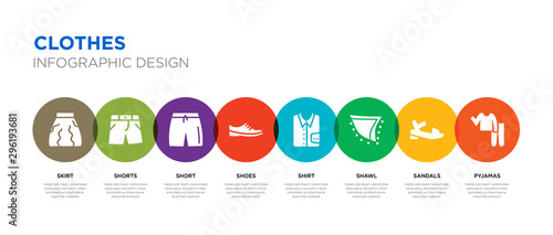 8 colorful clothes vector icons set such as pyjamas, sandals, shawl, shirt, shoes, short, shorts, skirt