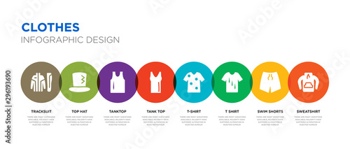 8 colorful clothes vector icons set such as sweatshirt, swim shorts, t shirt, t-shirt, tank top, tanktop, top hat, tracksuit